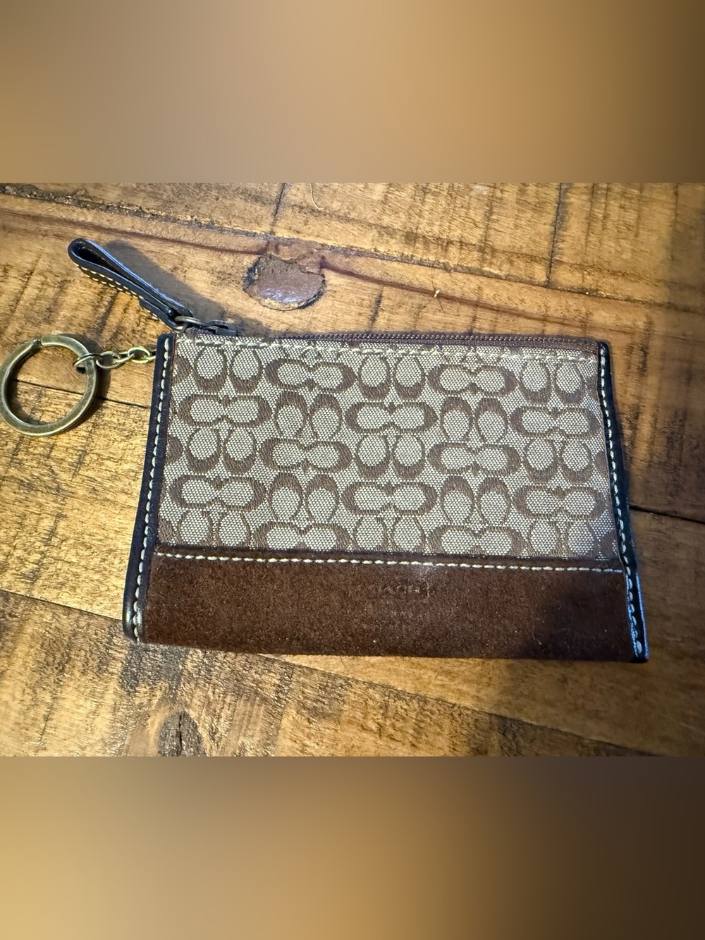 Coach Brown Signature Canvas Card Holder with Suede Trim and Key Ring